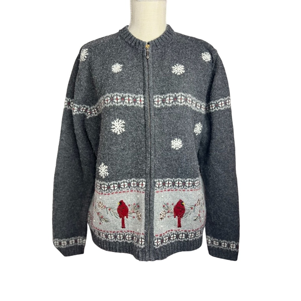 Croft and Barrow Womens L Ramie Embroidered Cardinal Snowflake Full Zip Sweater